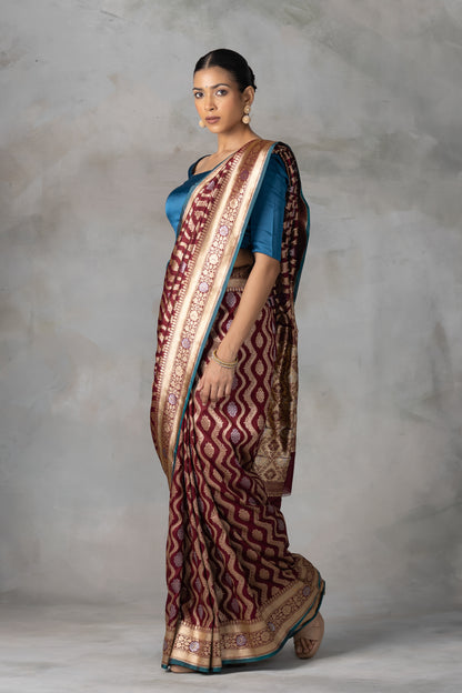 Deep Maroon Banarasi Silk Saree with Gold & Silver Zari Weave