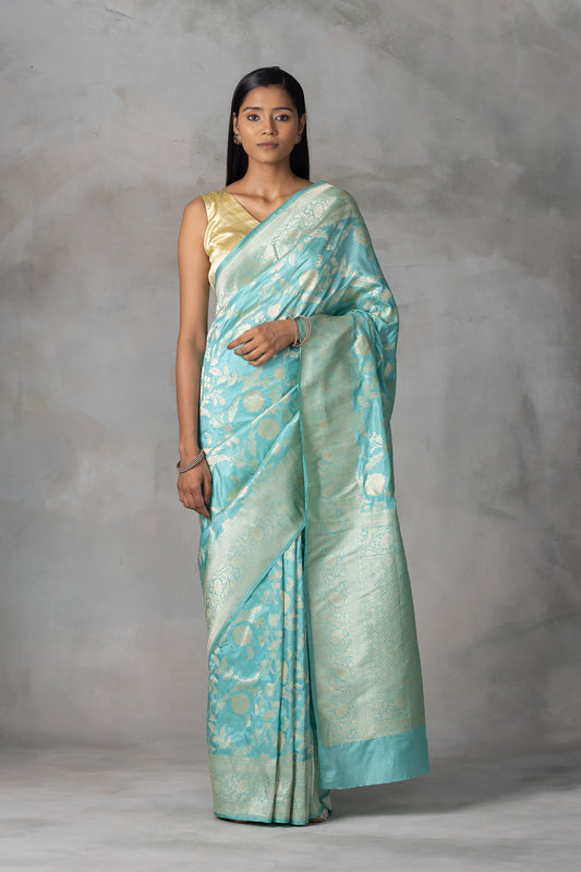 Aqua Blue Banarasi Silk Saree with Zari