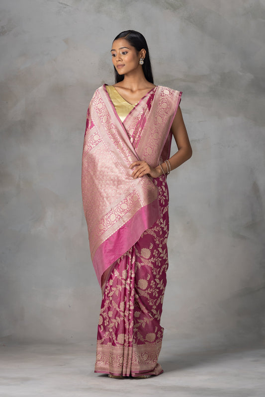 Elegant Rose Pink Banarasi Silk Saree with Gold Zari Work