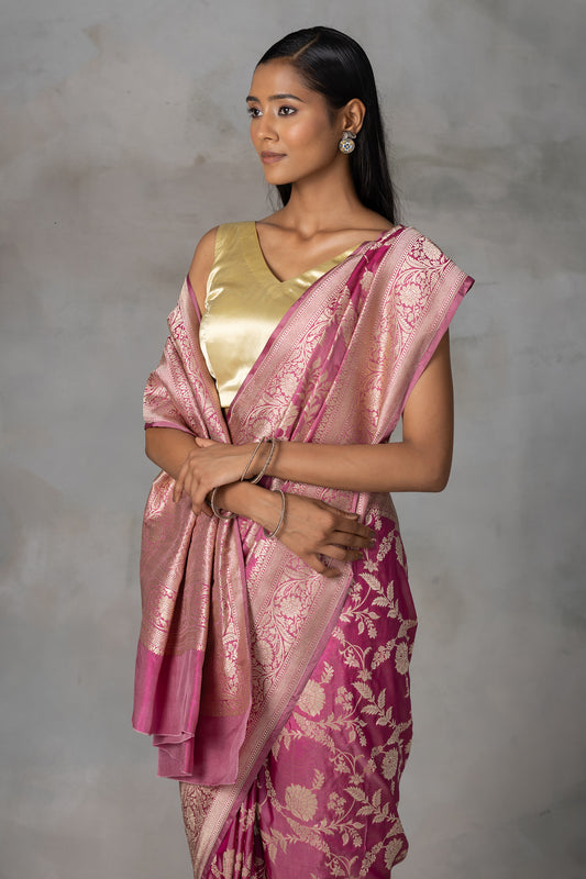Elegant Rose Pink Banarasi Silk Saree with Gold Zari Work