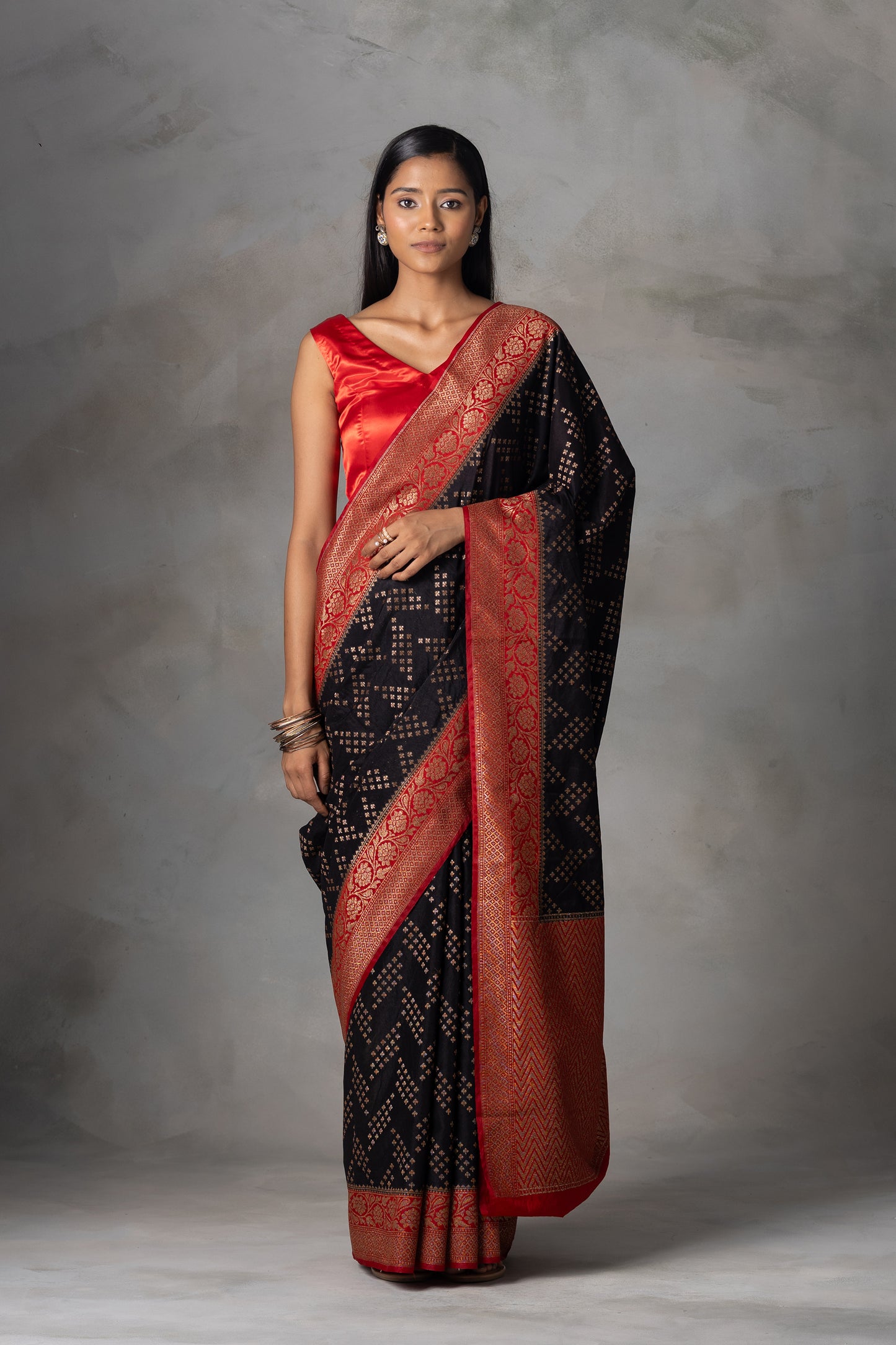 Black Banarasi Silk Saree with Red Zari Border