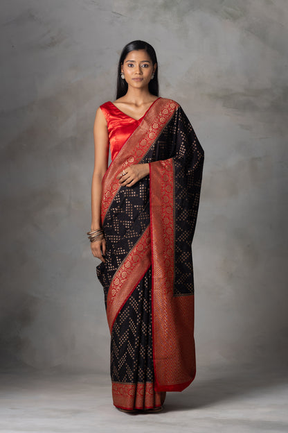 Black Banarasi Silk Saree with Red Zari Border