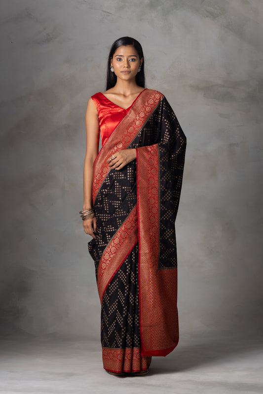 Black Banarasi Silk Saree with Red Zari Border