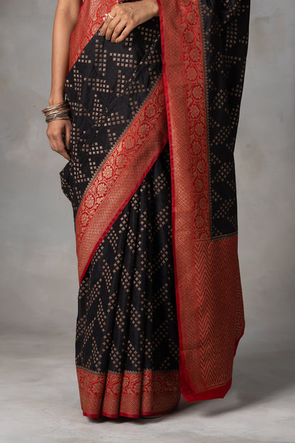 Black Banarasi Silk Saree with Red Zari Border