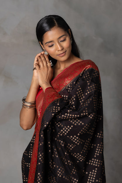 Black Banarasi Silk Saree with Red Zari Border