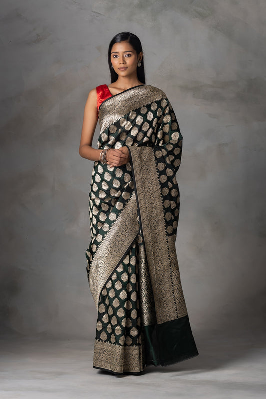 Midnight Green Kadiyal Banarasi Silk Saree with Zari Work