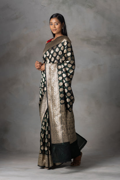 Midnight Green Kadiyal Banarasi Silk Saree with Zari Work