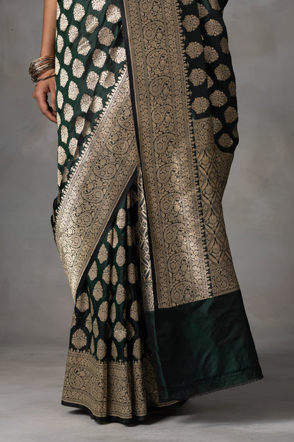 Midnight Green Kadiyal Banarasi Silk Saree with Zari Work