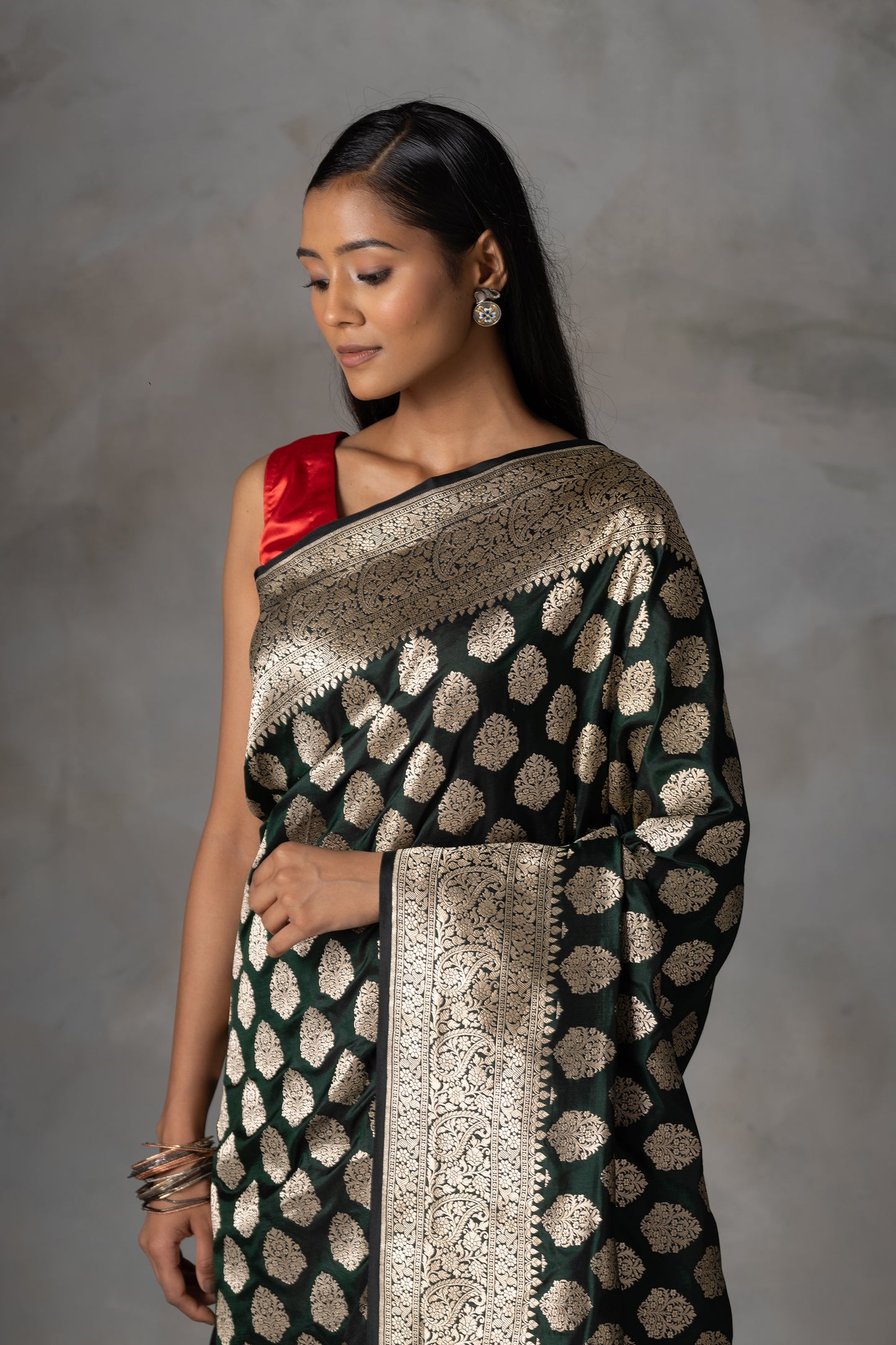 Midnight Green Kadiyal Banarasi Silk Saree with Zari Work
