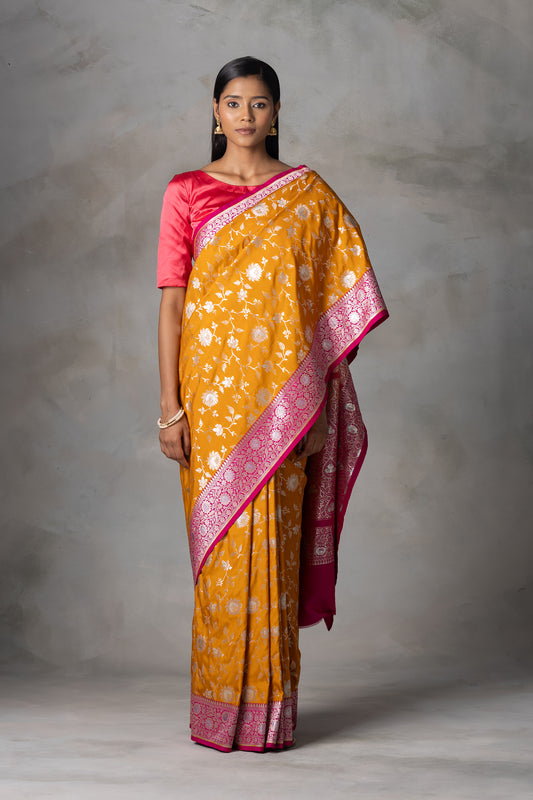 Mustard & Magenta Pink Kadhwa Banarasi Silk Saree